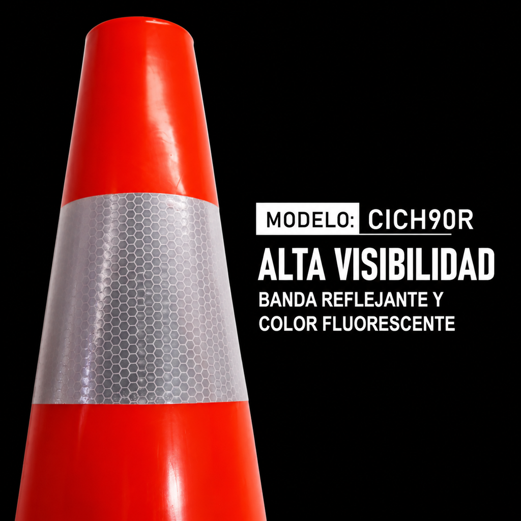 Cono Fluorescente De 90 cm. Con Reflejante Base Negra