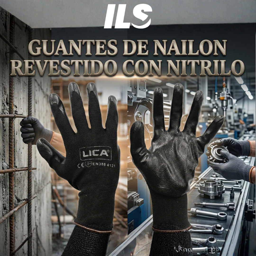 Guantes de Nailon Revestido Con Nitrilo Color Negro Marca LICA Uso General EN388