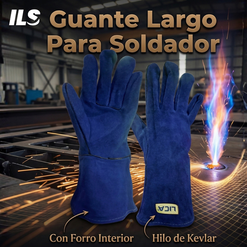 Guante Largo De Cuero Para Soldador Con Forro e Hilo de Kevlar Color Azul