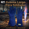 Guante Largo De Cuero Para Soldador Con Forro e Hilo de Kevlar Color Azul