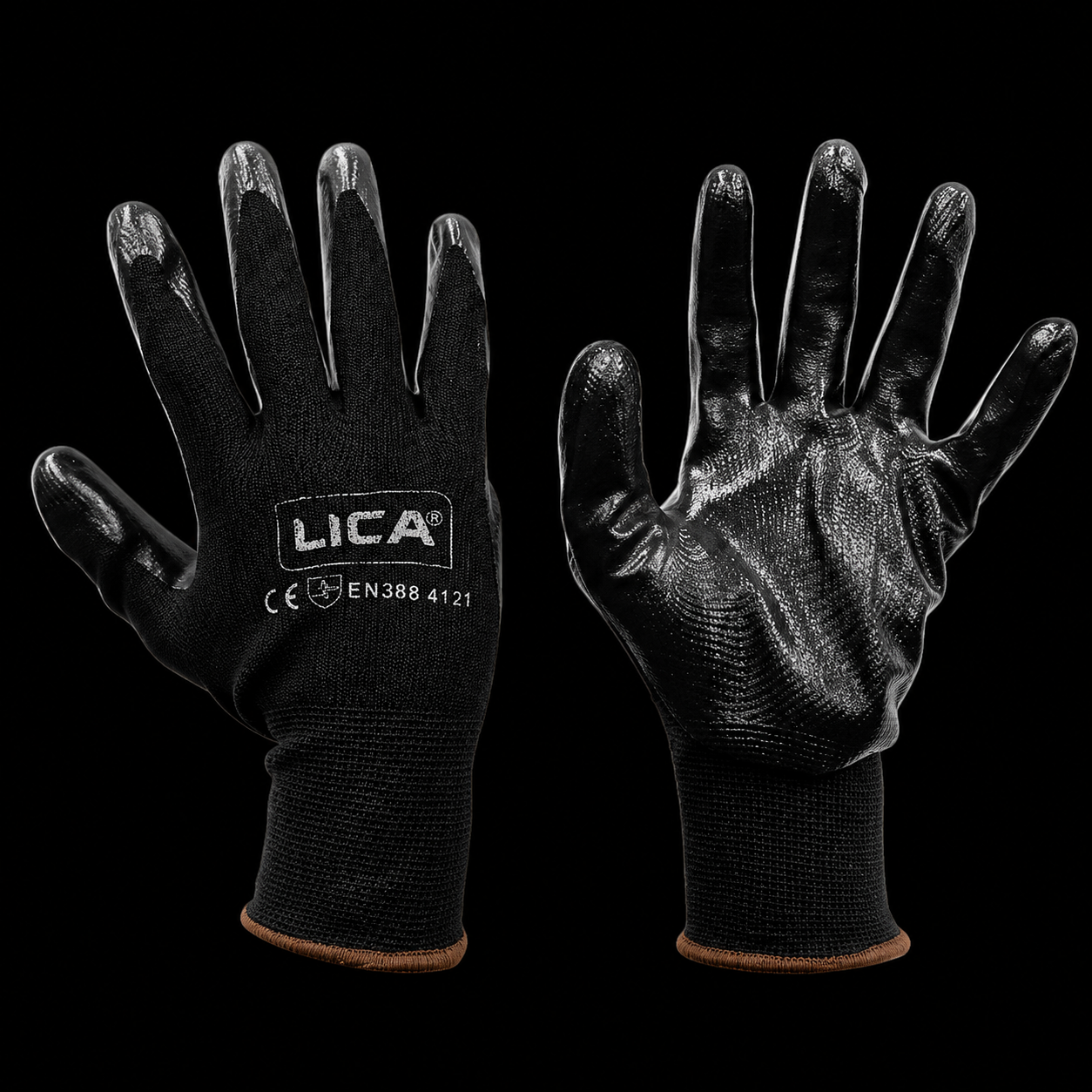 Guantes de Nailon Revestido Con Nitrilo Color Negro Marca LICA Uso General EN388
