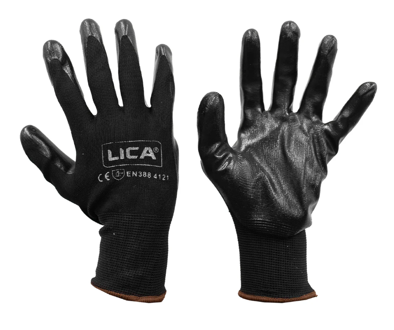 Guantes de Nailon Revestido Con Nitrilo Color Negro Marca LICA Uso General EN388