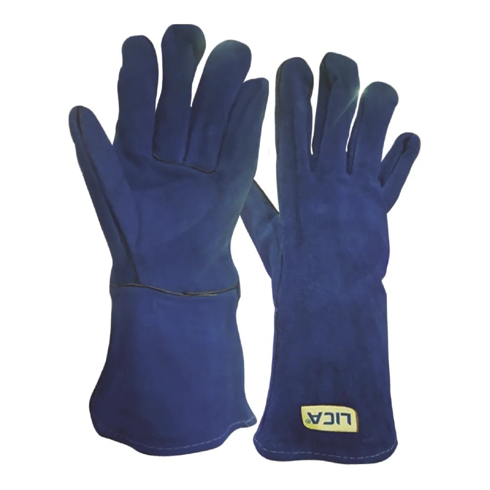 Guante Largo De Cuero Para Soldador Con Forro e Hilo de Kevlar Color Azul