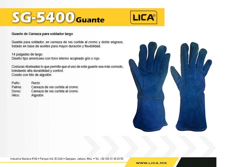 Guante Largo De Cuero Para Soldador Con Forro e Hilo de Kevlar Color Azul