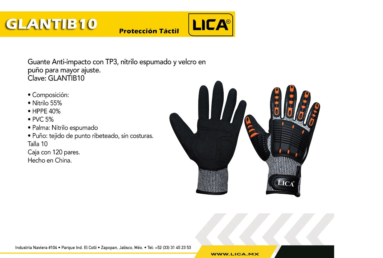 Guante Anti Vibración E Impacto Modelo GLANTIB10 Marca LICA